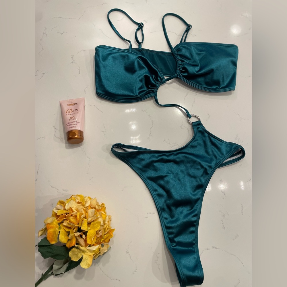 Shein Satin Ring Linked Cut Out One Shoulder One Piece